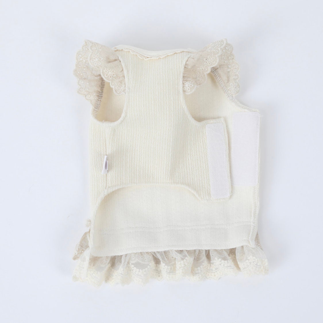 Off-white linen lace dog dress with ruffled sleeves and hem