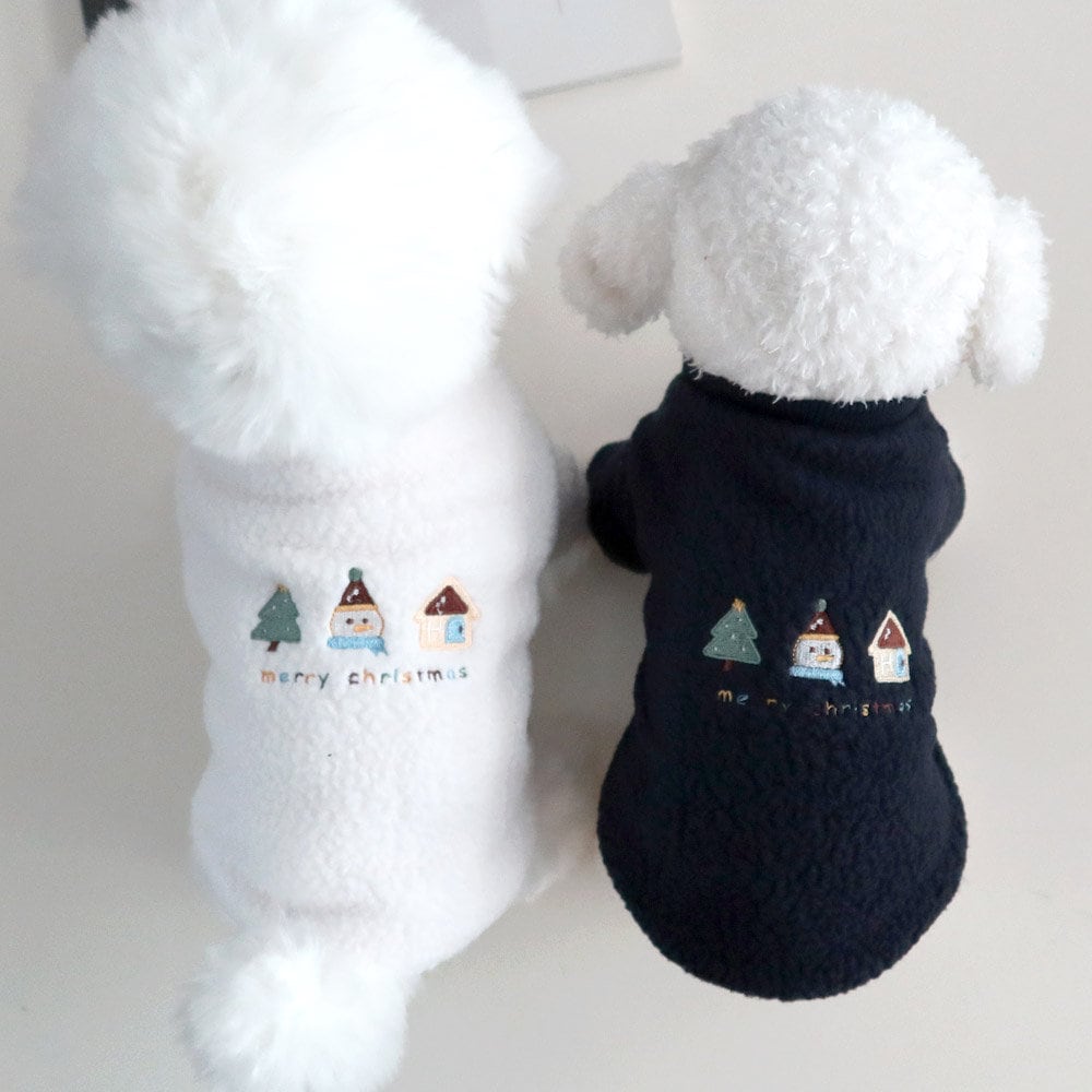 NKpup white and navy Christmas fleece dog sweaters with festive house and tree embroidery