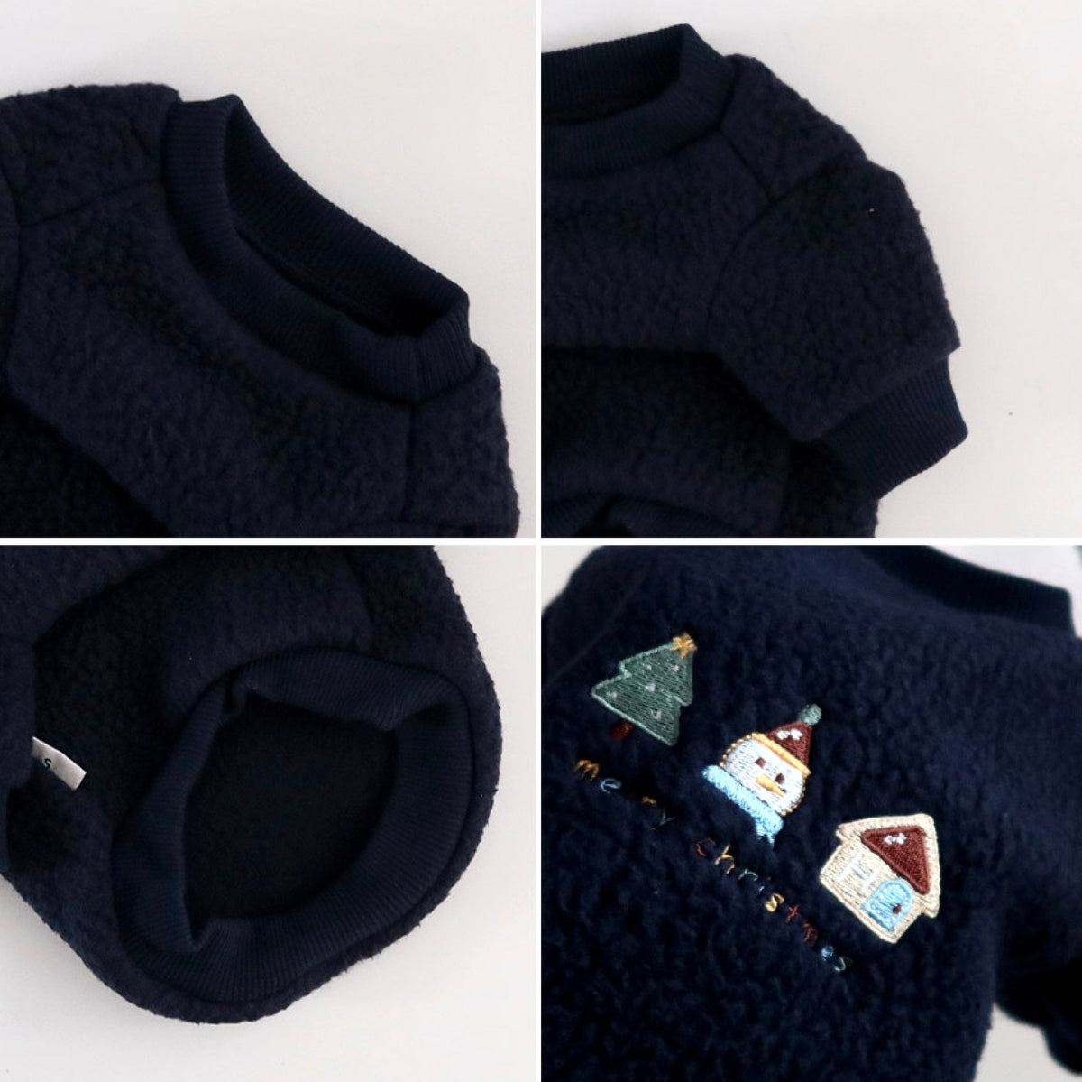 Navy blue NKpup Christmas fleece dog sweater with festive tree, snowman, and house embroidery