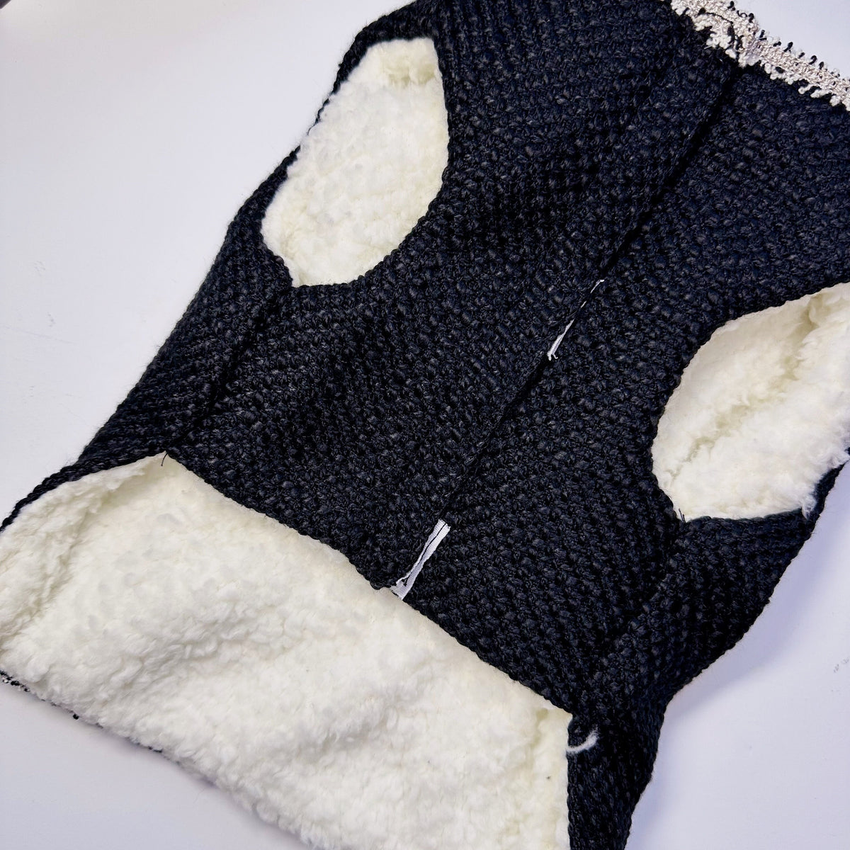 NKpup black tweed fleece dog dress with white sherpa lining