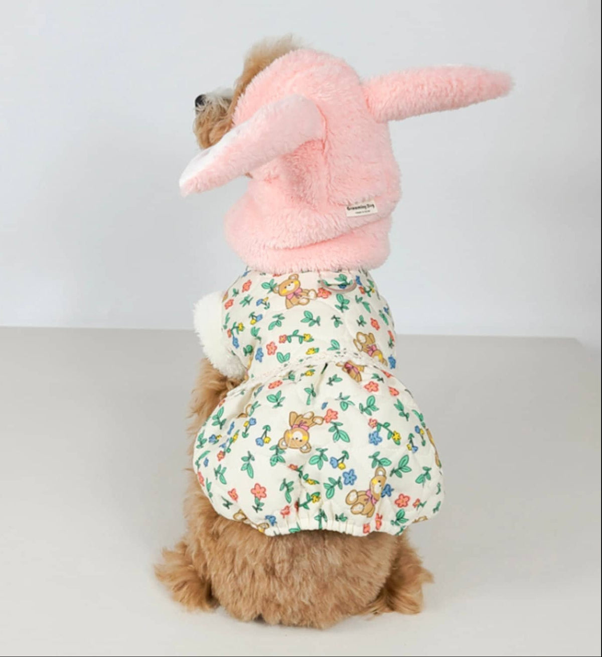 NKpup pink rabbit ear hoodie and floral pattern dog romper