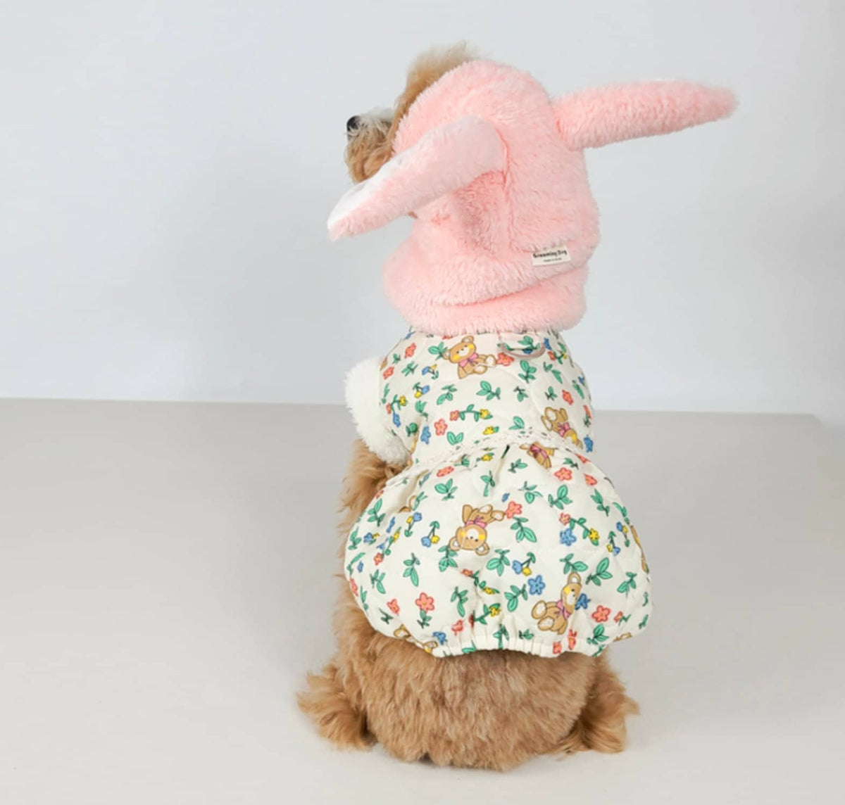 NKpup pink rabbit ear hoodie and floral pattern dog romper