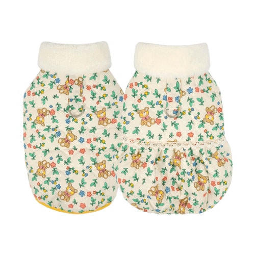 NKpup floral padded vest and dress set with teddy bear pattern and white faux fur collar