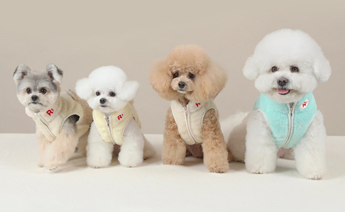 Four small dogs wearing NKpup Polar Bear Fleece Dog Vests in cream, yellow, beige, and mint colors.