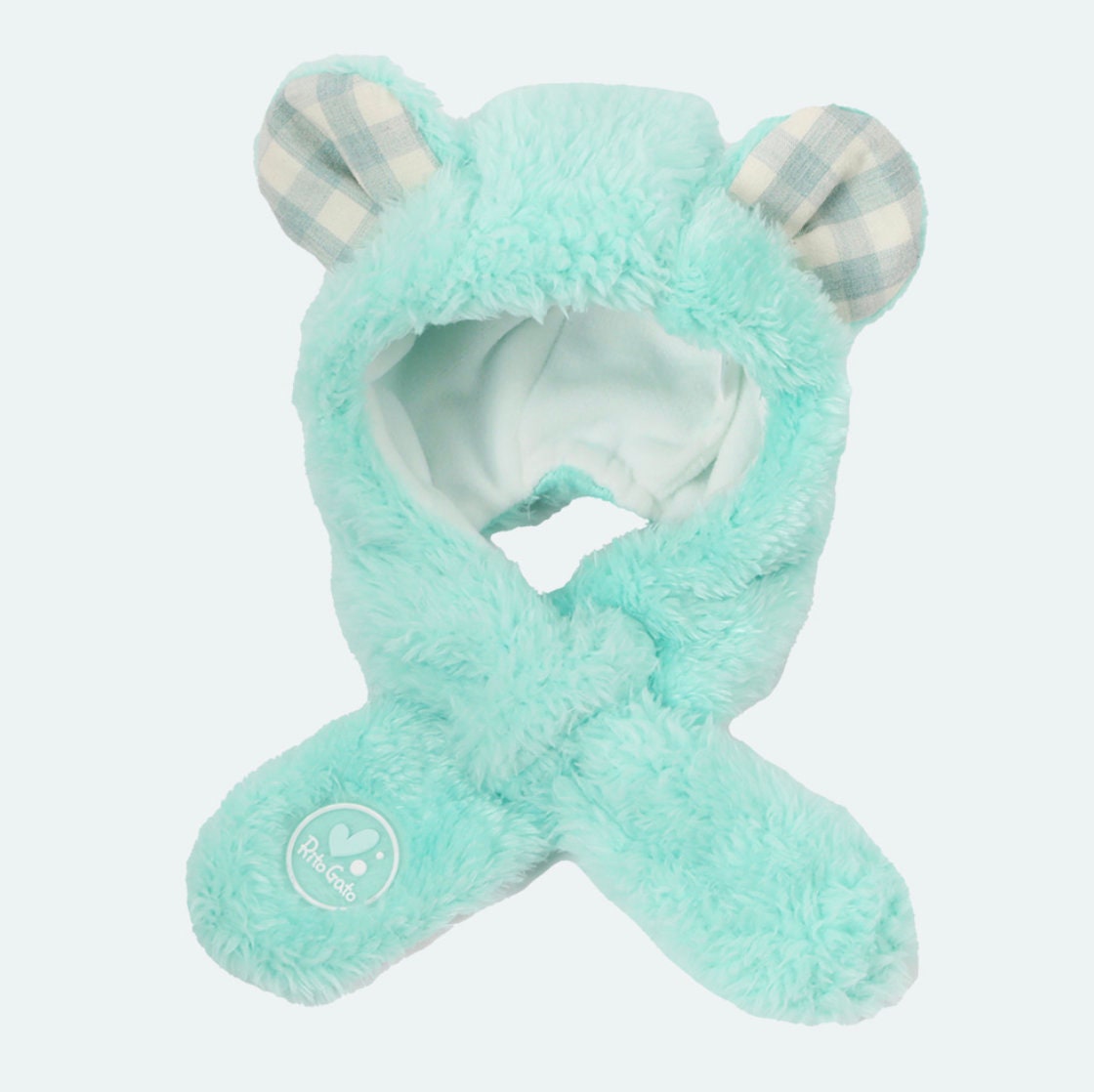 Mint green Polar Bear Ear dog hat and muffler set with checkered ear details by NKpup