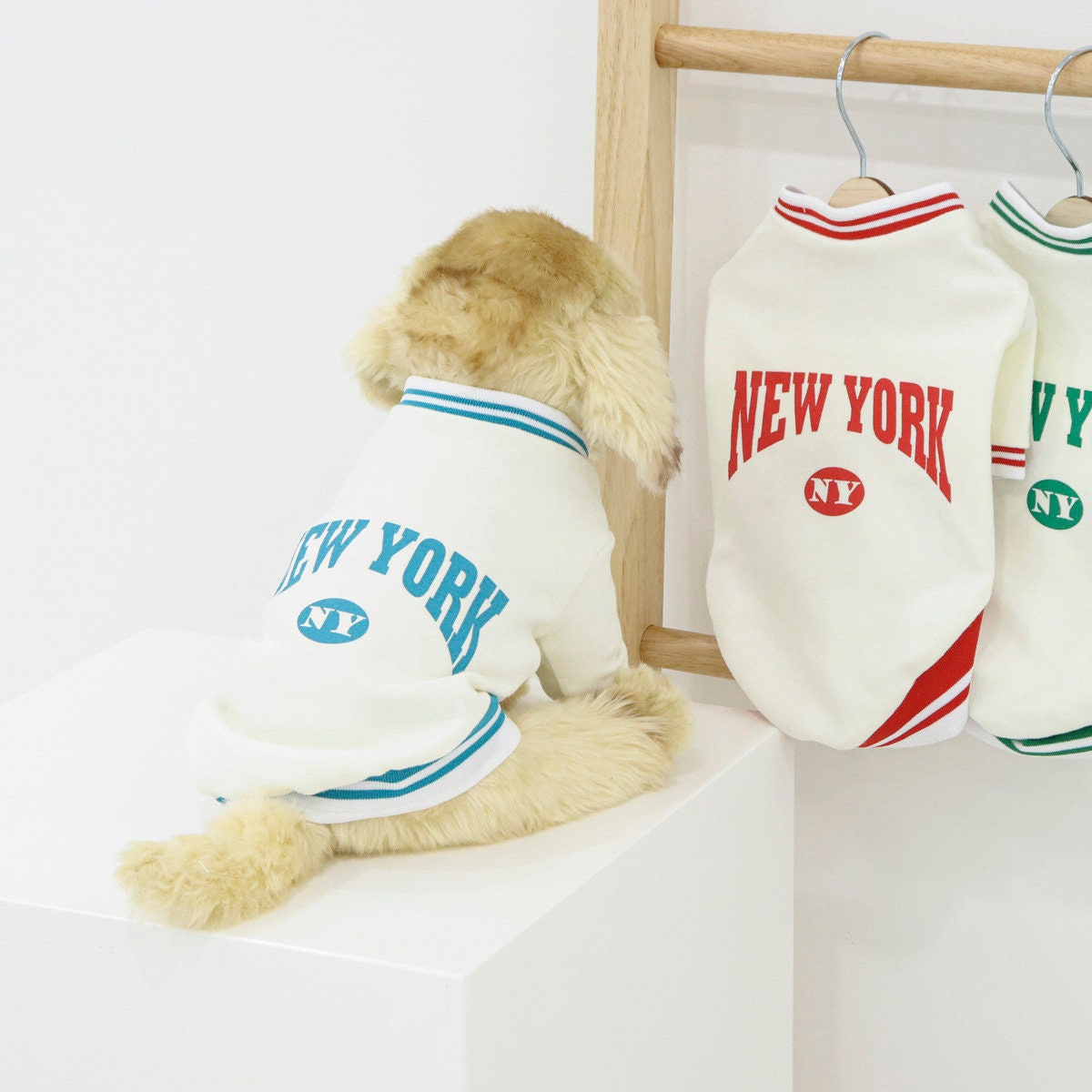NKpup New York Jersey Top for dogs in white with blue and red lettering and trim