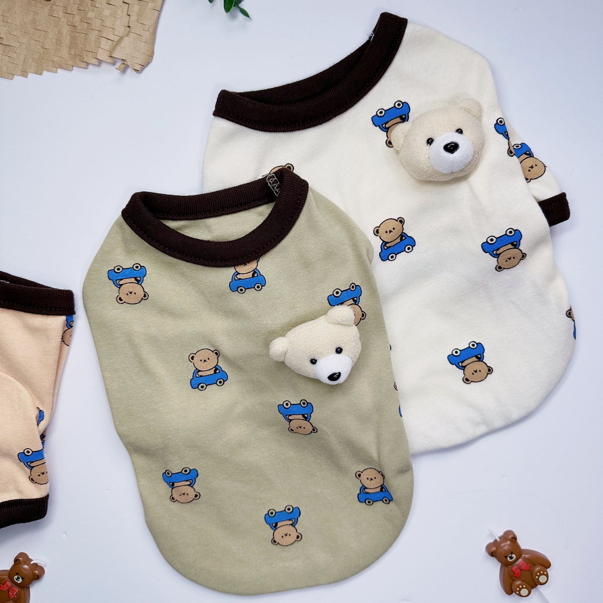 NKpup Teddy Bear Brooch T-shirt for dogs in sage green and cream with teddy bear patterns.