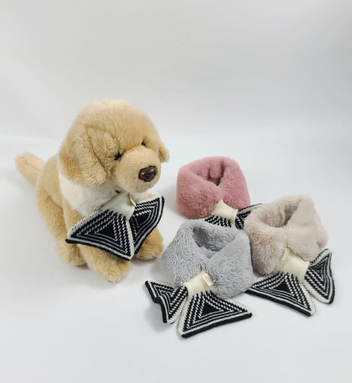 NKpup fur muffler pet scarves in pink, grey, and beige with black and white patterned bow details