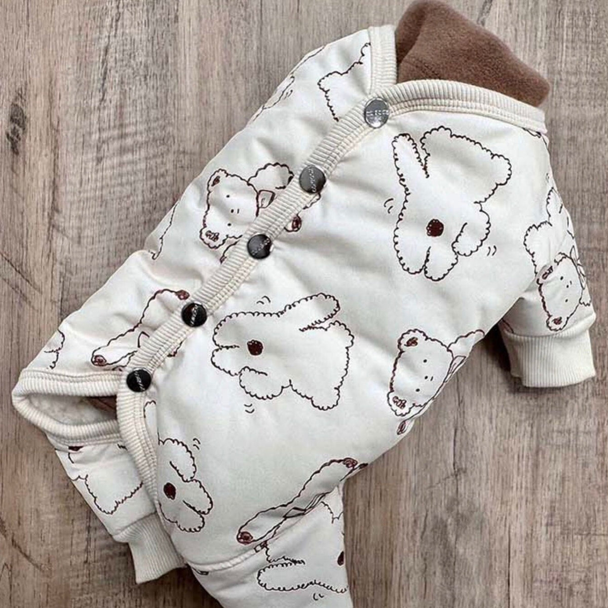 NKpup Ribbon Bear Padded Dog Overall in cream with brown bear pattern