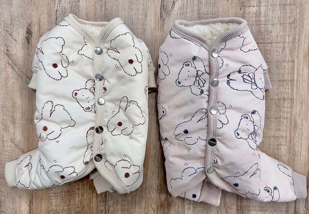 NKpup Ribbon Bear Padded Dog Overalls in cream and pink with bear patterns