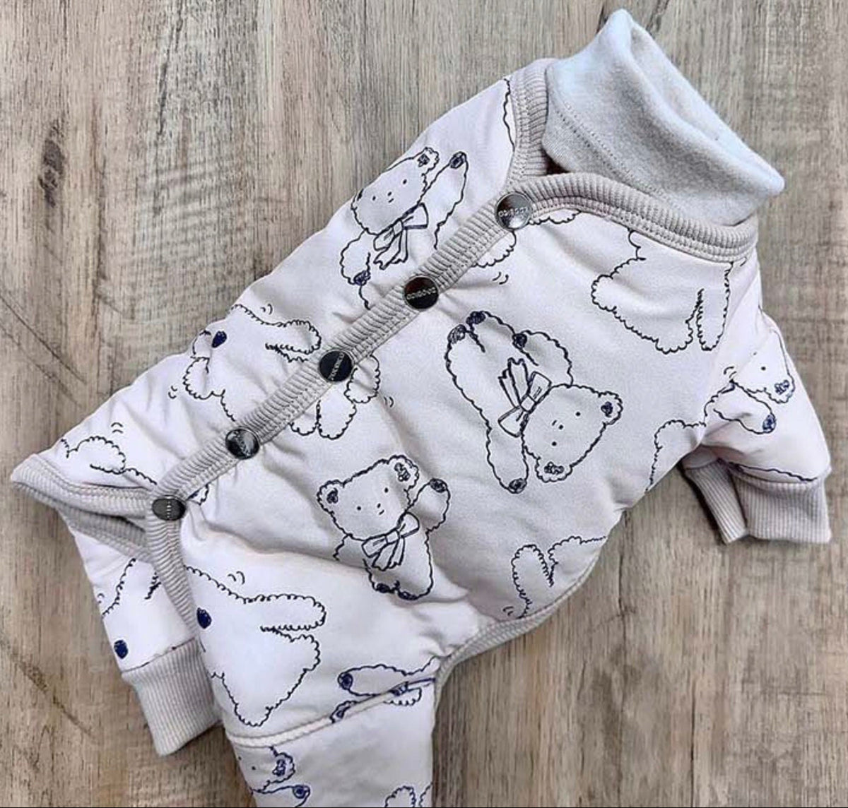 White Ribbon Bear Padded Dog Overall with bear pattern and silver snap buttons