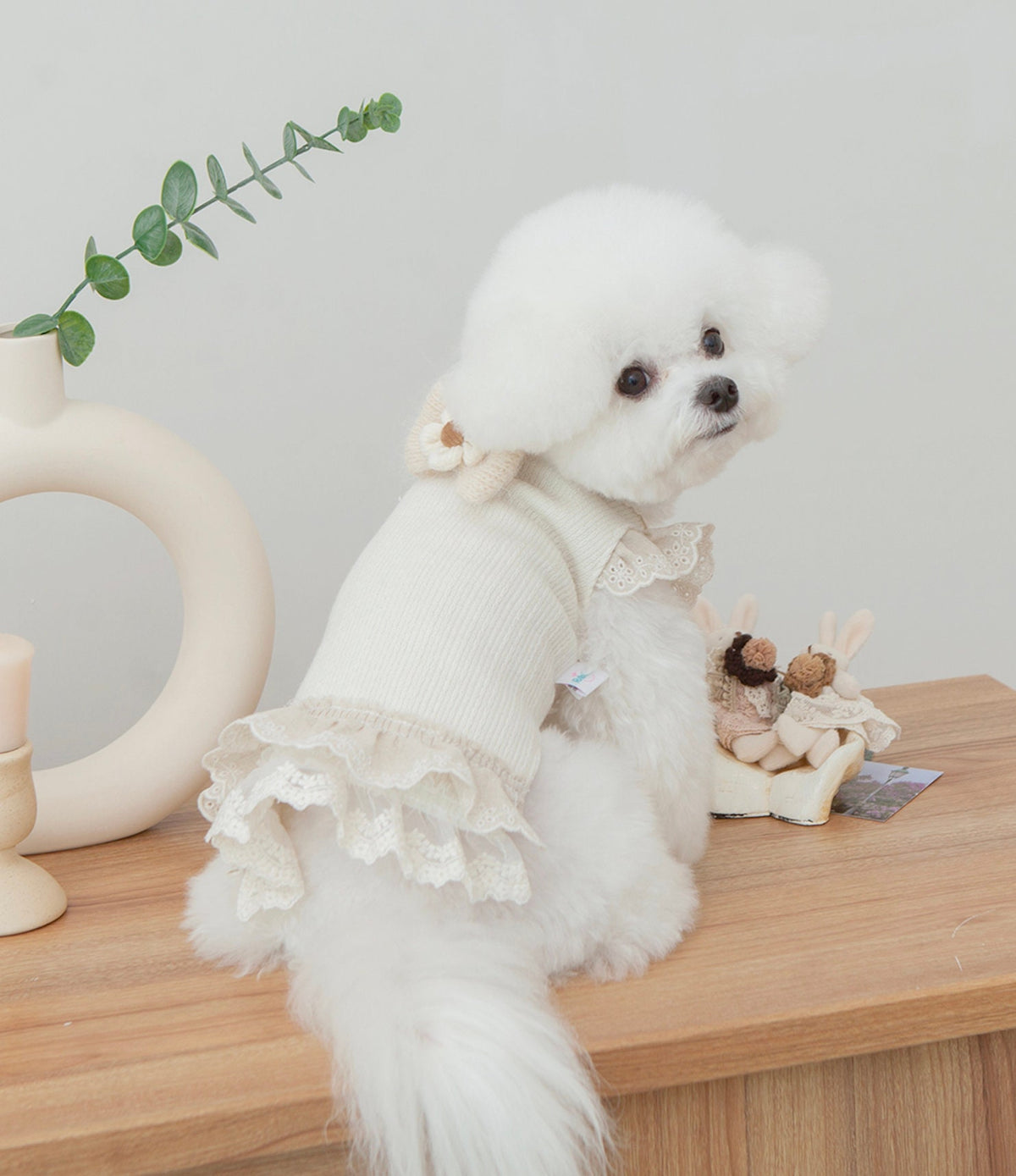 NKpup linen lace dog dress in cream with ruffled trim and bow detail