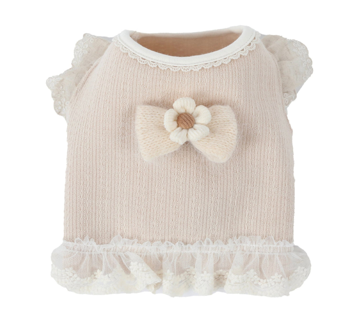 NKpup beige linen frilled crop top dog shirt with a decorative flower bow