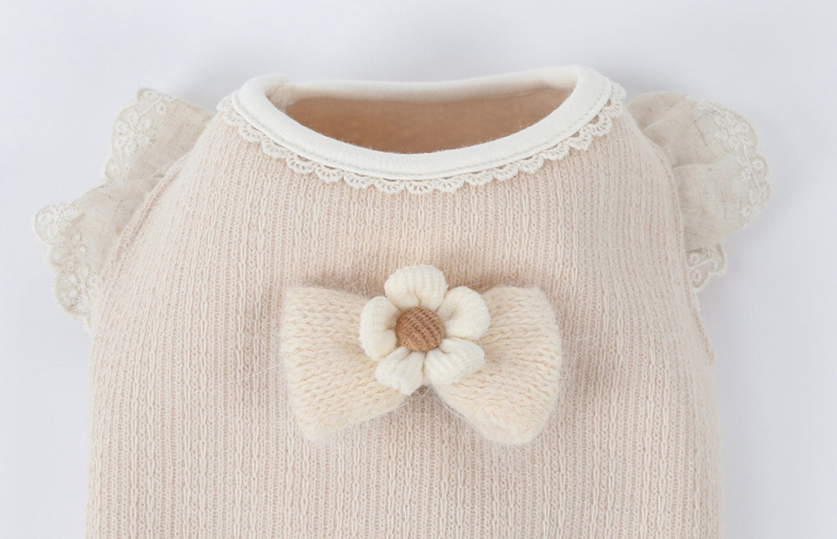 NKpup cream linen frilled crop top for dogs with a decorative flower bow