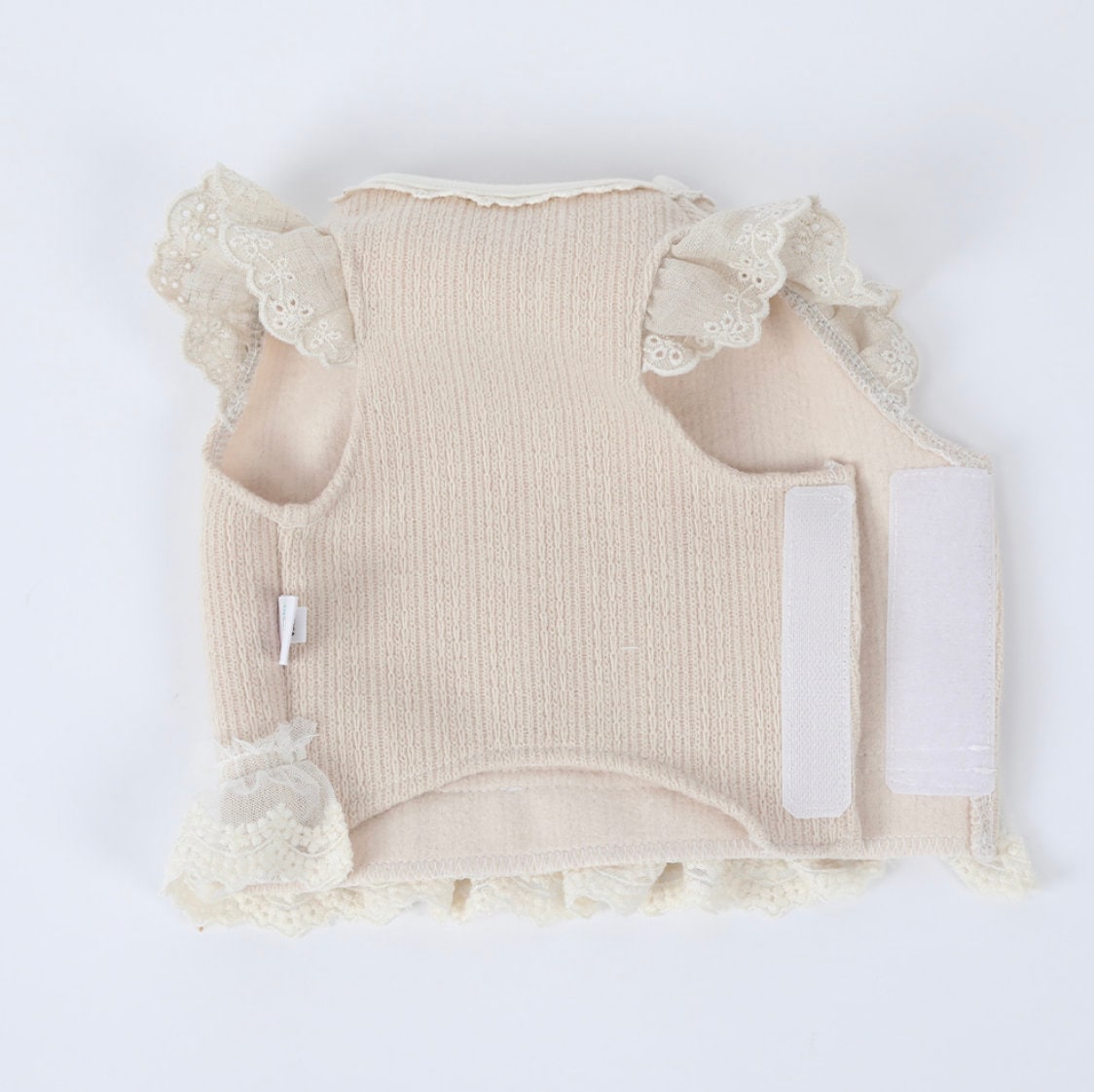 NKpup beige linen frilled crop top for dogs with lace trim and hook-and-loop closures
