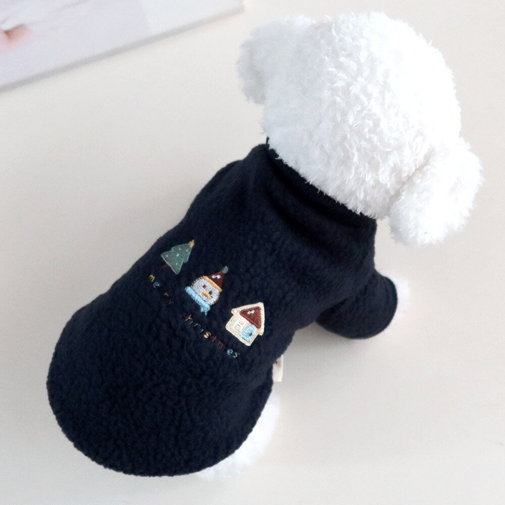 NKpup navy blue Christmas fleece dog sweater with festive house and tree embroidery