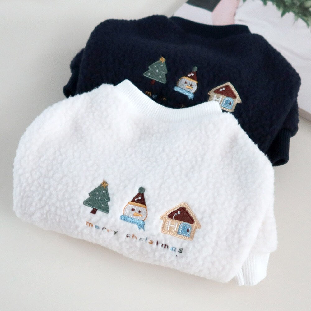 NKpup Christmas fleece dog sweaters in white and navy with festive tree and house embroidery