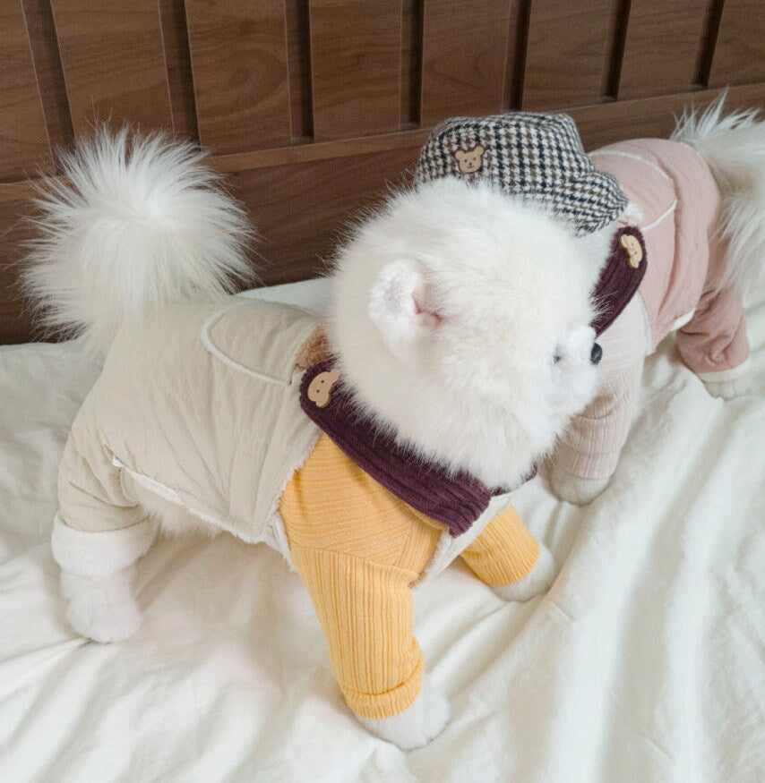 NKpup Pocket Padded Dog Overall in cream and yellow with a coordinating houndstooth cap