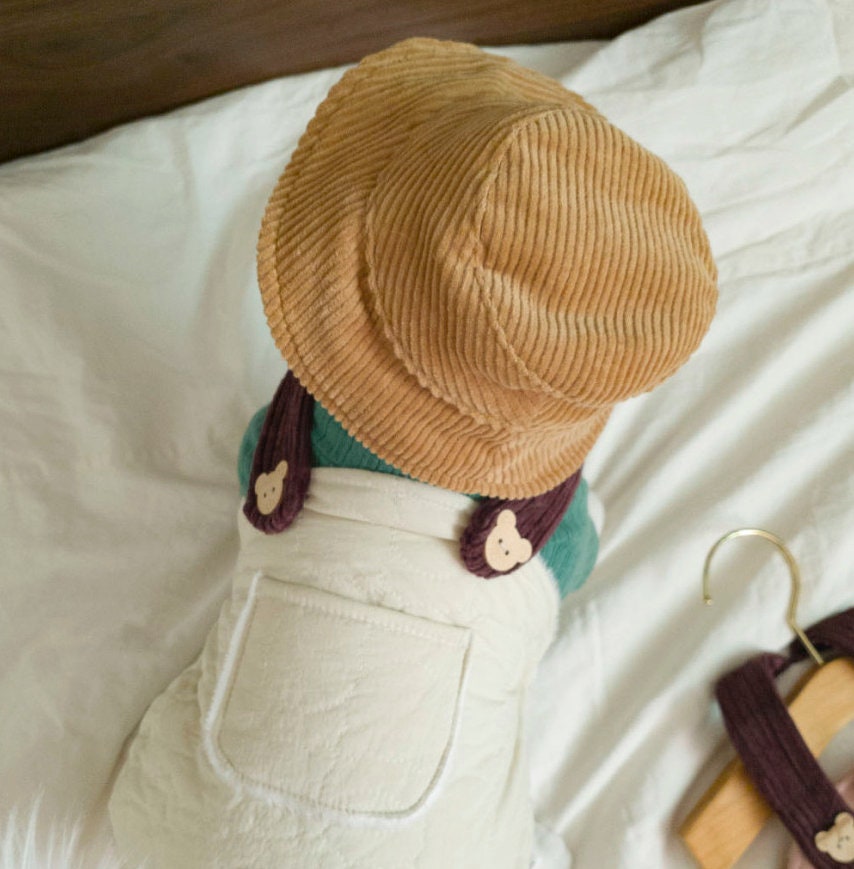 NKpup white pocket padded dog overall with brown straps and matching corduroy hat