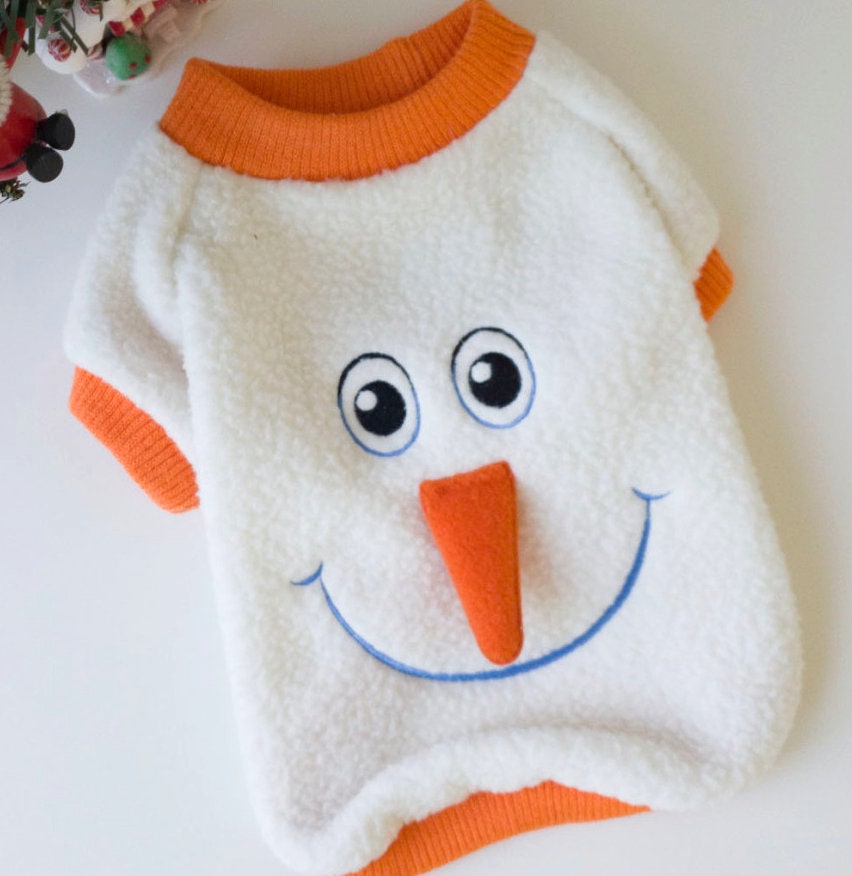 NKpup white Christmas snowman dog sweatshirt with orange trim and snowman face design