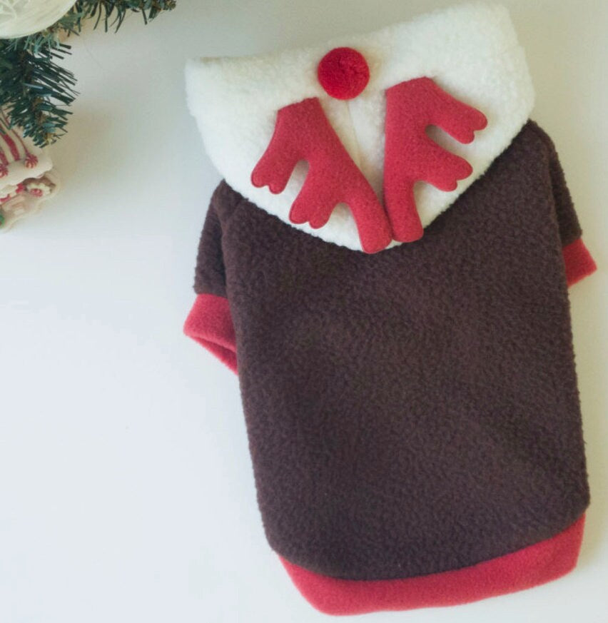 NKpup Reindeer Fleece Dog Hoodie in brown with a white hood and red reindeer antlers design