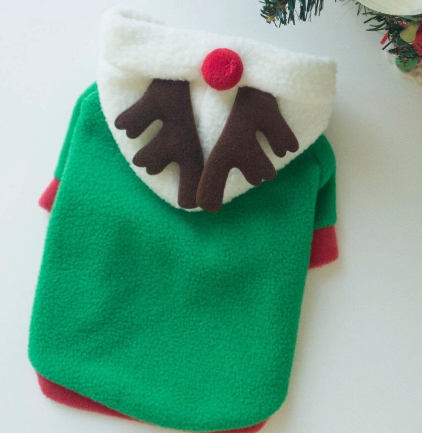 NKpup green reindeer fleece dog hoodie with a white collar and brown antler design