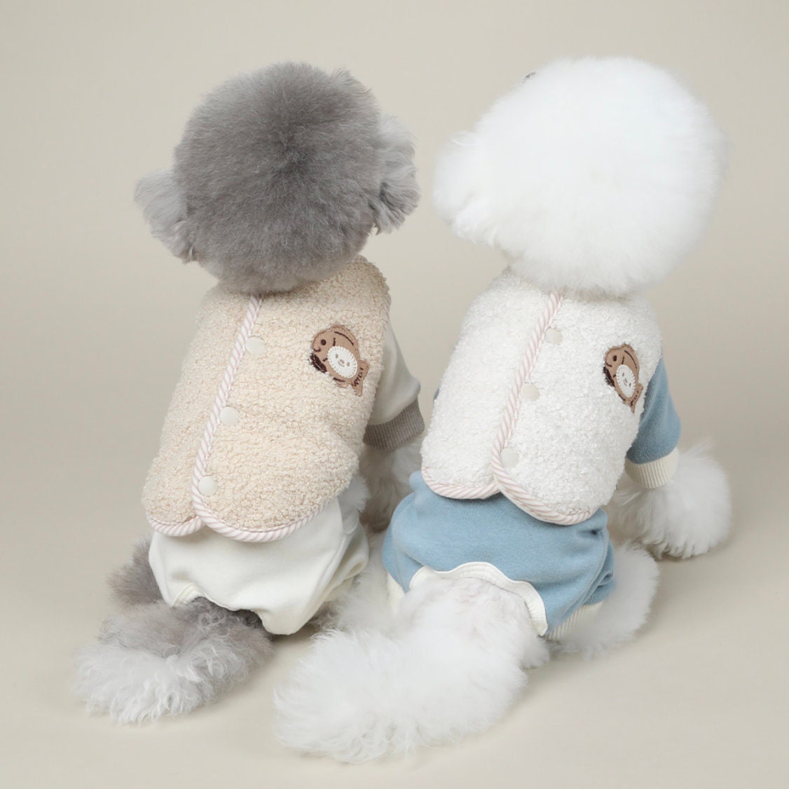 NKpup Daisy Fleece Dog Vests in beige and white with bear embroidery