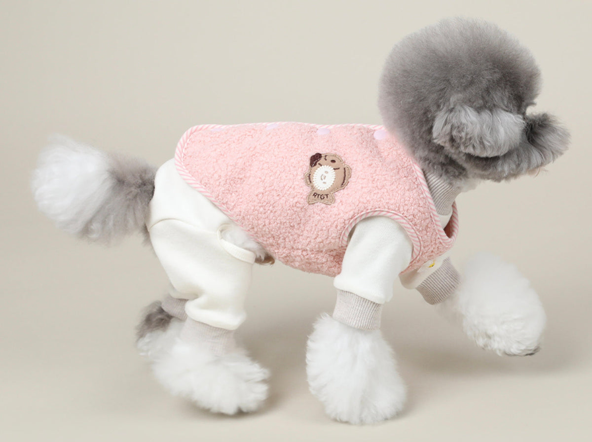 NKpup Daisy Fleece Dog Vest in pink with a small bear patch and white sleeves