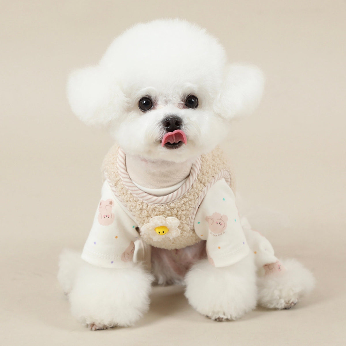 NKpup Daisy Fleece Dog Vest in cream with bear print and daisy flower detail