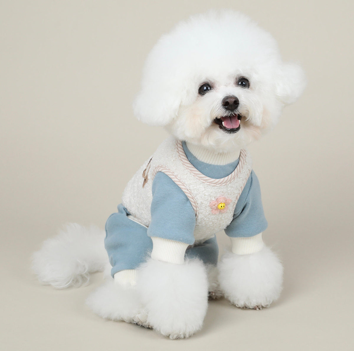 NKpup Daisy Fleece Dog Vest in cream and light blue with a small daisy embroidery