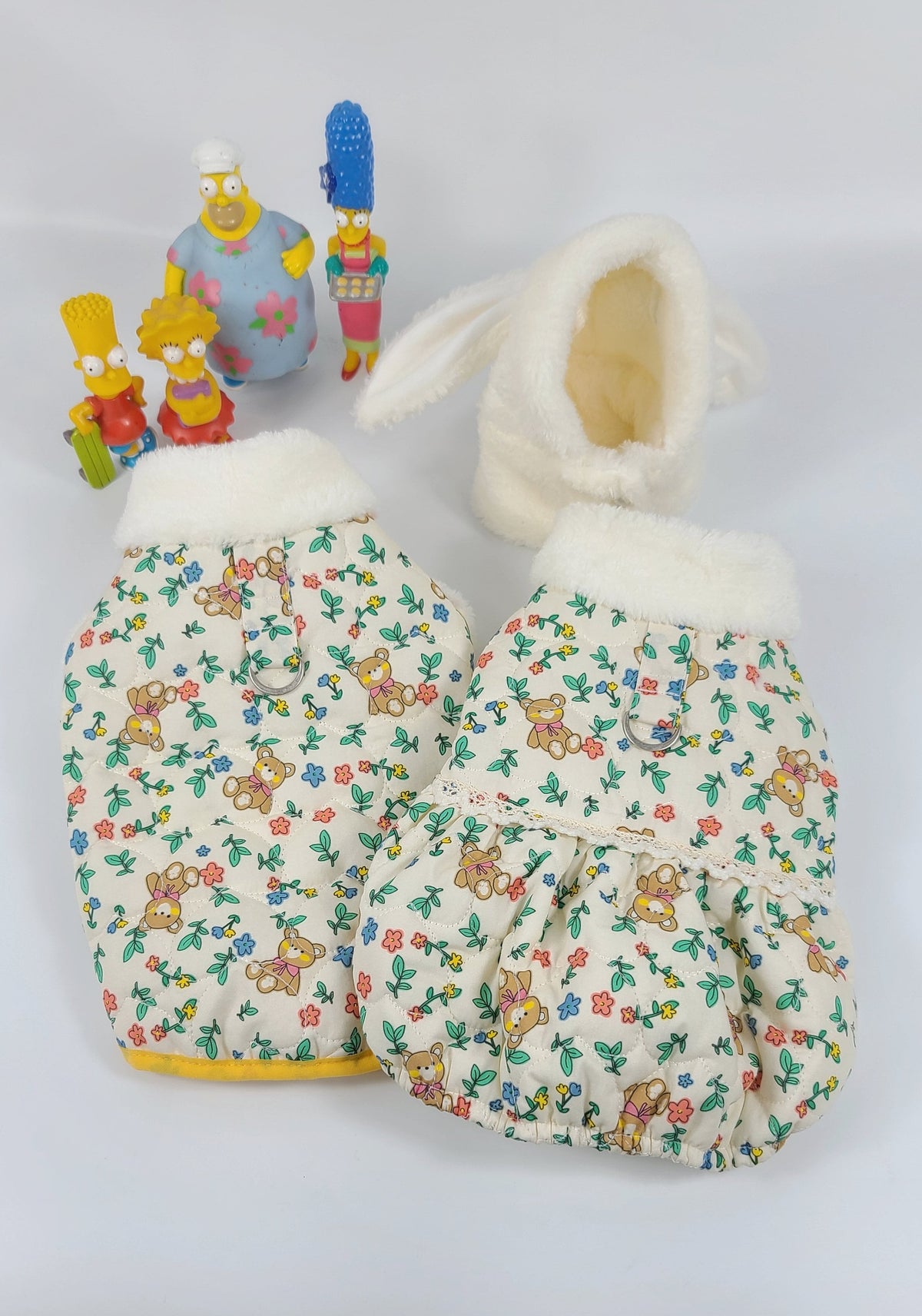 Floral pattern padded dog vest and matching dress with white faux fur trim by NKpup