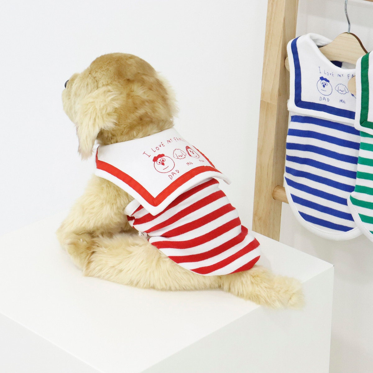 NKpup red and white striped collar t-shirt for dogs with a white illustrated bib design