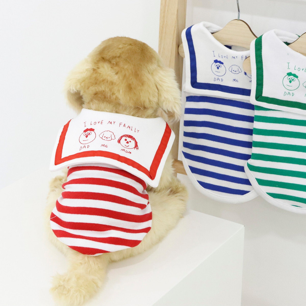 NKpup red and white striped collar T-shirt for dogs with 'I Love My Family' graphic