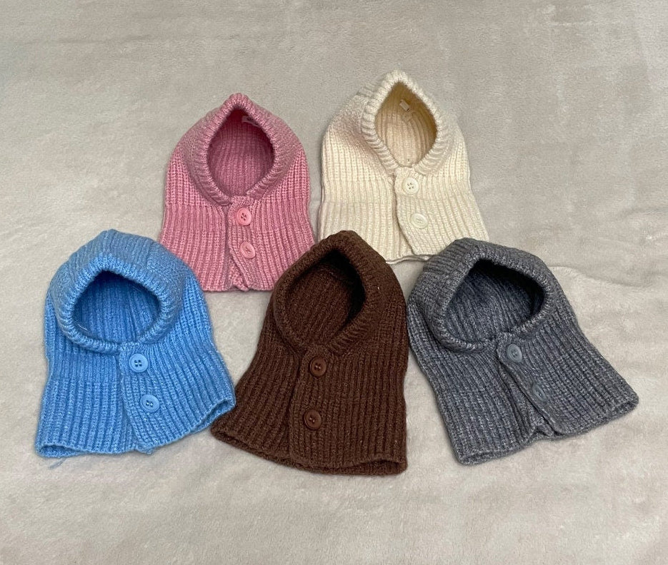 NKpup Knit Hoodie Dog Hats in blue, pink, white, brown, and grey with button details