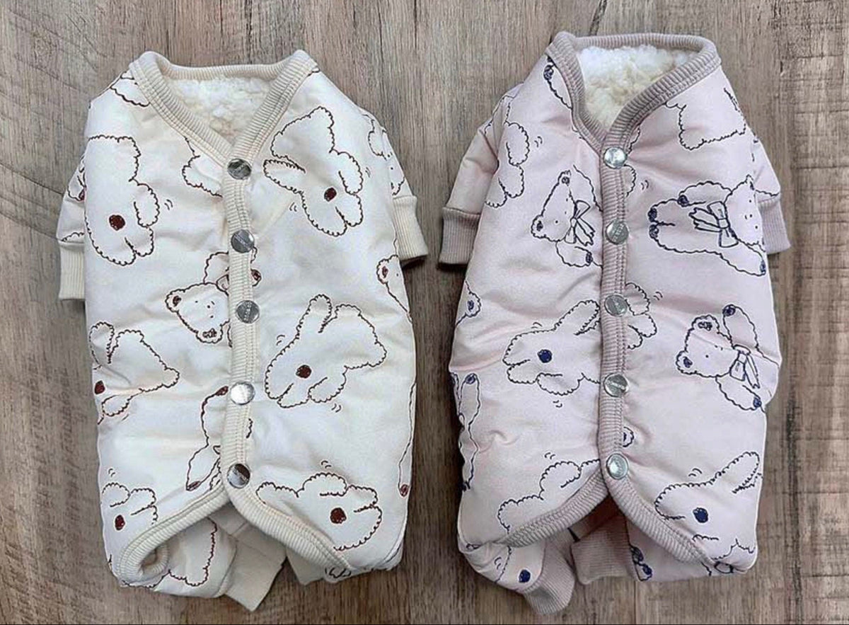 Two NKpup Ribbon Bear Padded Dog Overalls in cream and light pink with bear patterns.