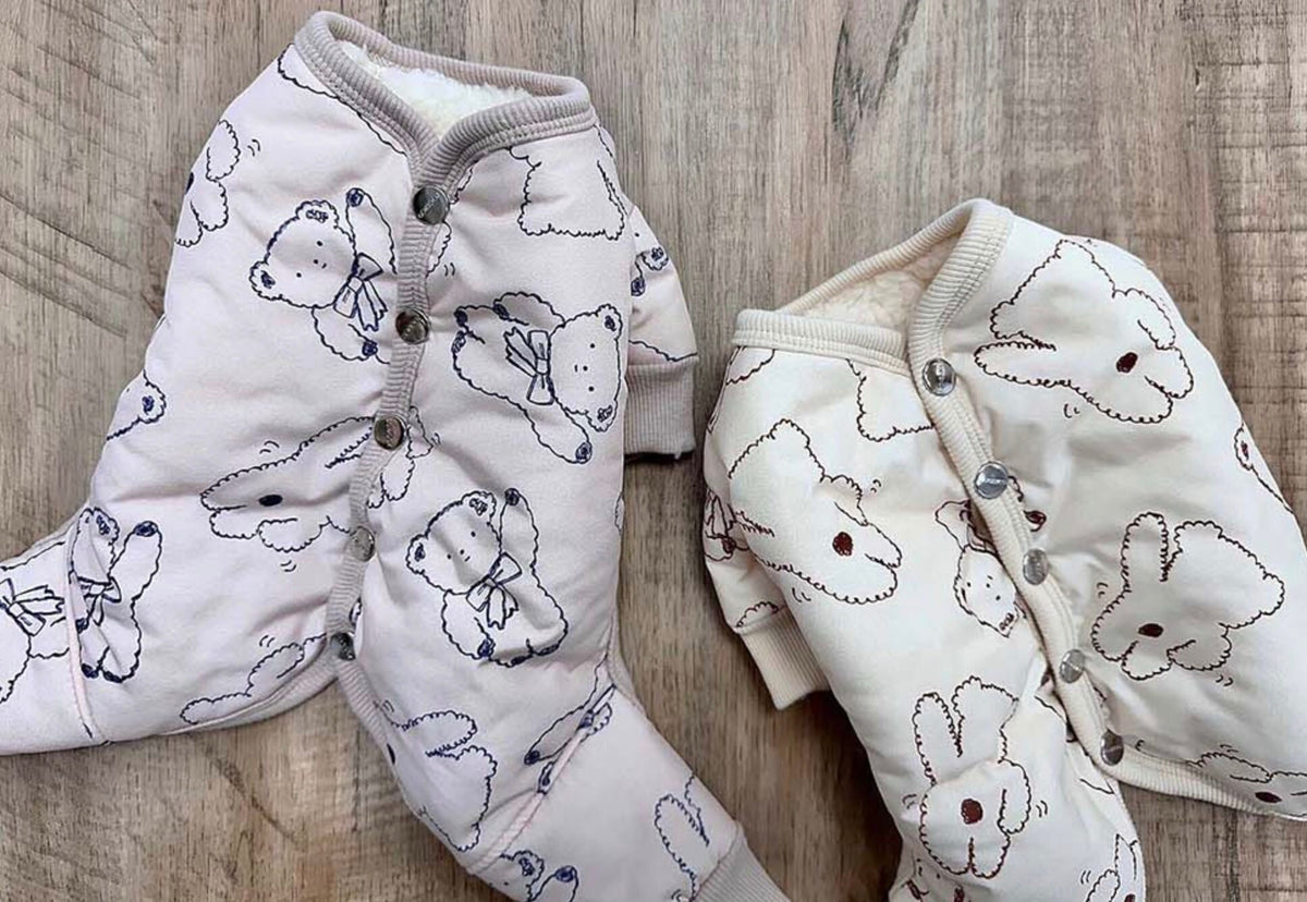 NKpup Ribbon Bear padded dog overalls in light pink and cream with bear patterns