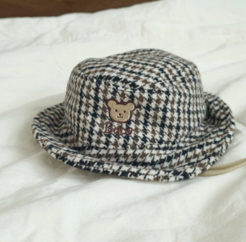 Vintage Bear Dog Bucket Hat with brown houndstooth pattern and embroidered bear detail