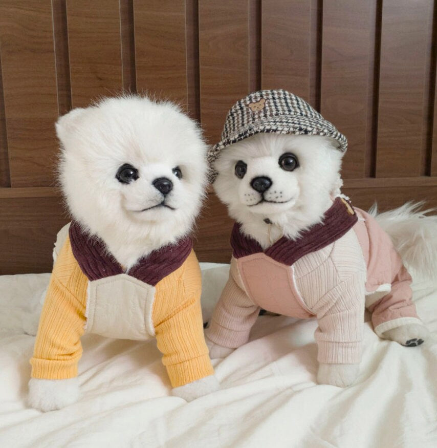NKpup Pocket Padded Dog Overalls in yellow and pink with burgundy collars.