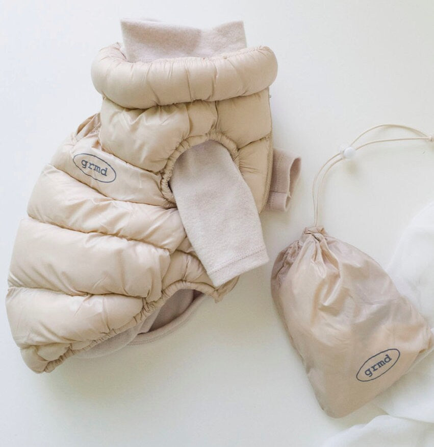 NKpup Pastel Puffer Padded Dog Vest in beige with a matching drawstring storage bag