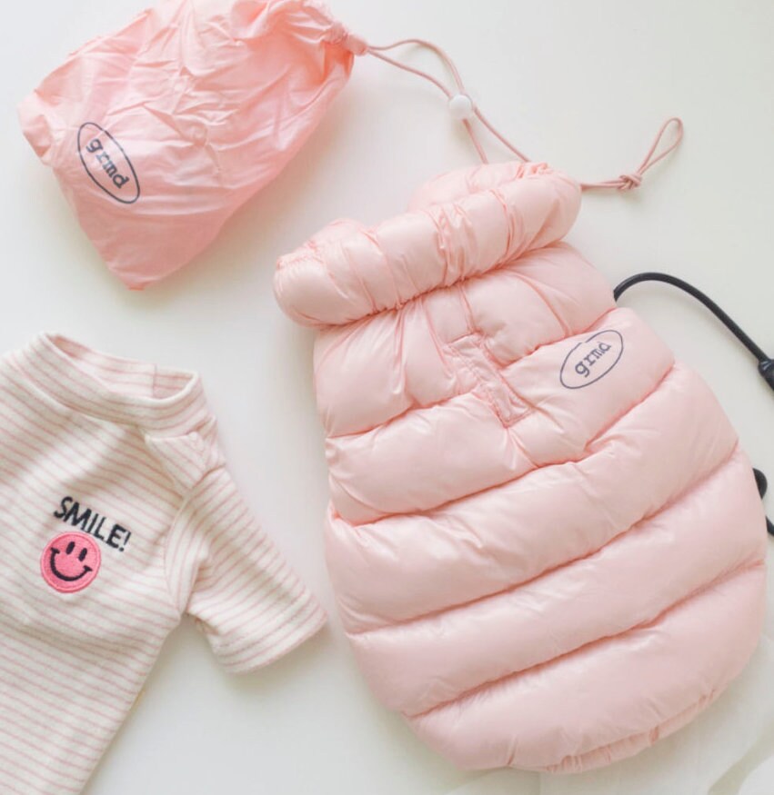 NKpup pastel pink puffer padded dog vest and matching striped pet shirt