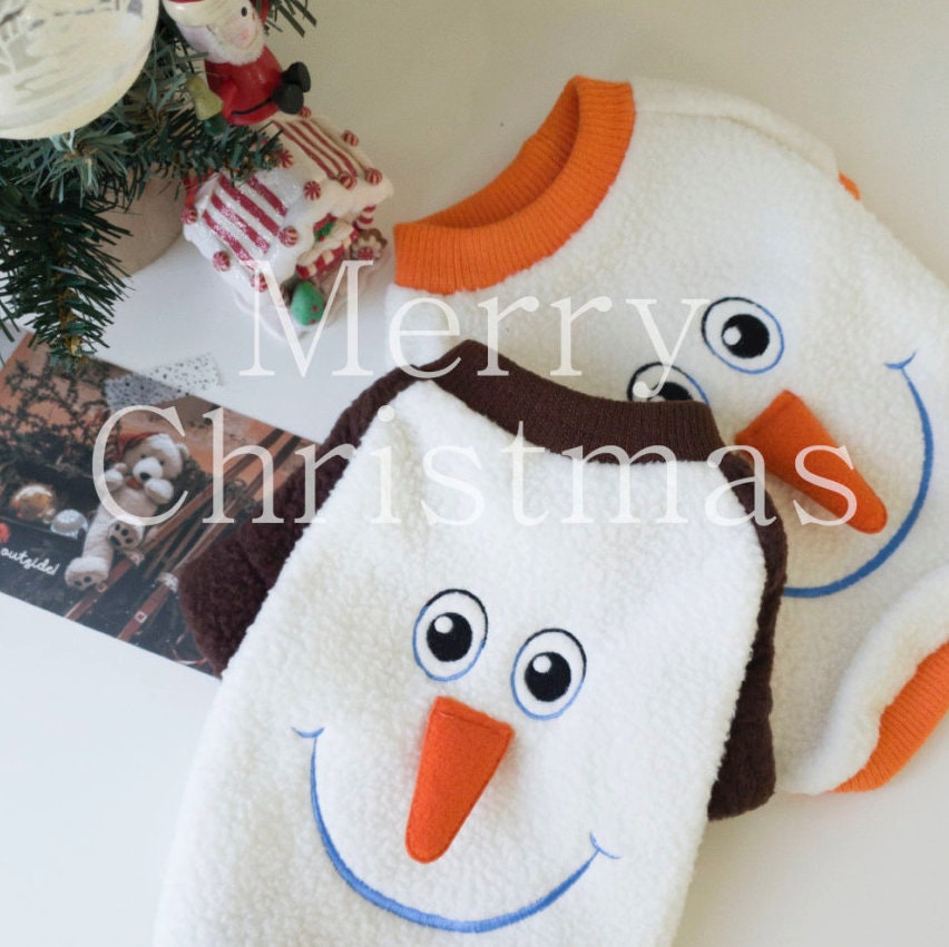 NKpup white Christmas snowman dog sweatshirt with orange carrot nose and smile design