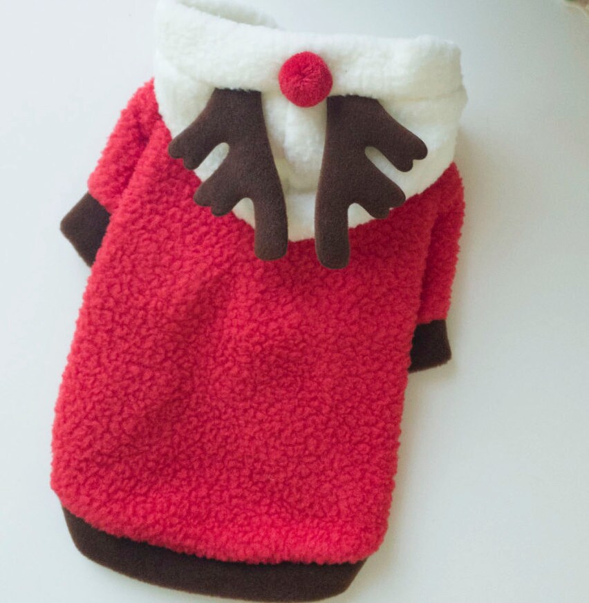 NKpup red reindeer fleece dog hoodie with white collar and brown antler details