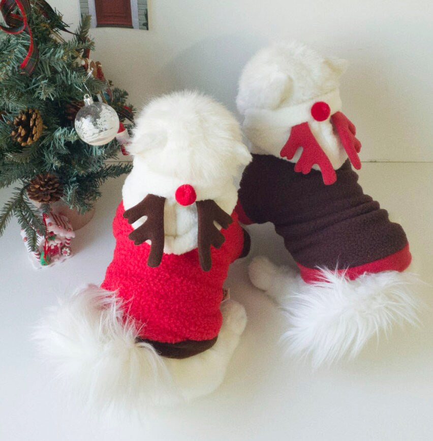 NKpup Reindeer Fleece Dog Hoodies in red and brown with reindeer antler designs