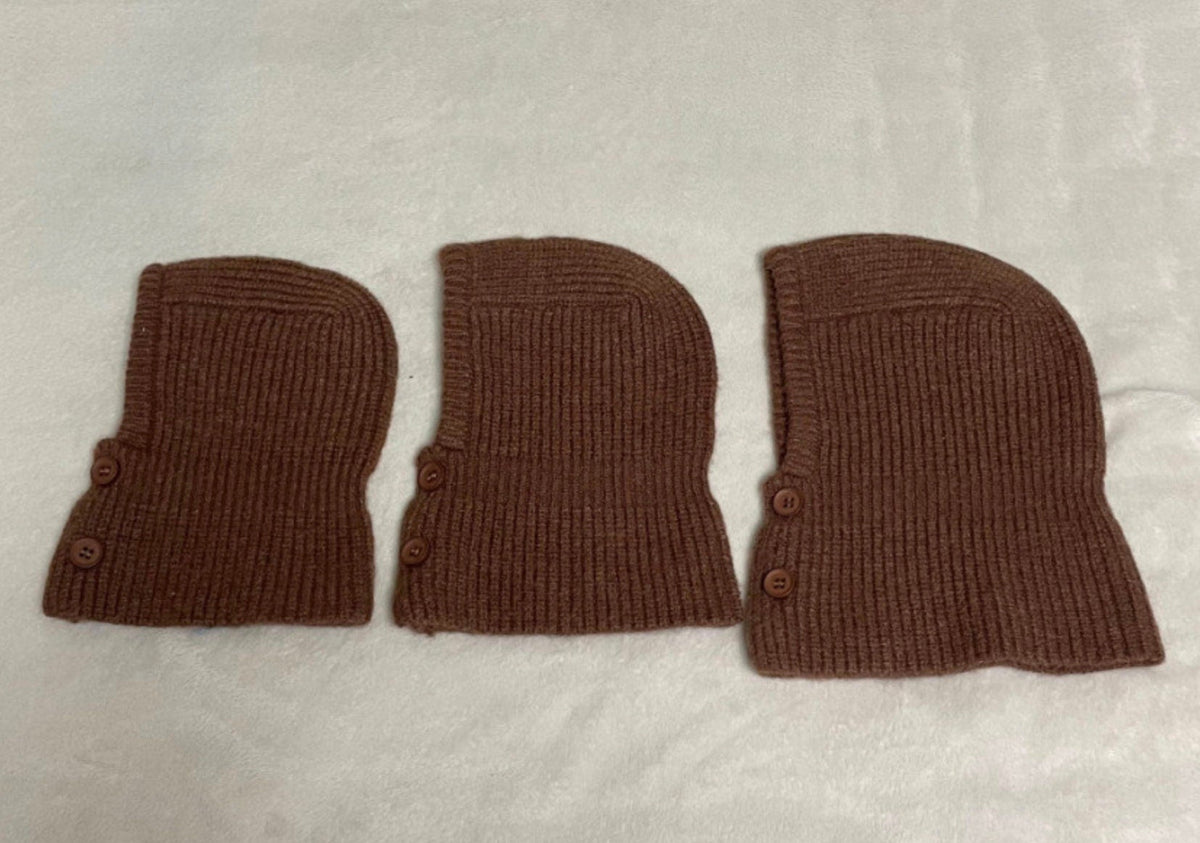 Three brown ribbed knit hoodie dog hats by NKpup with side button closures.