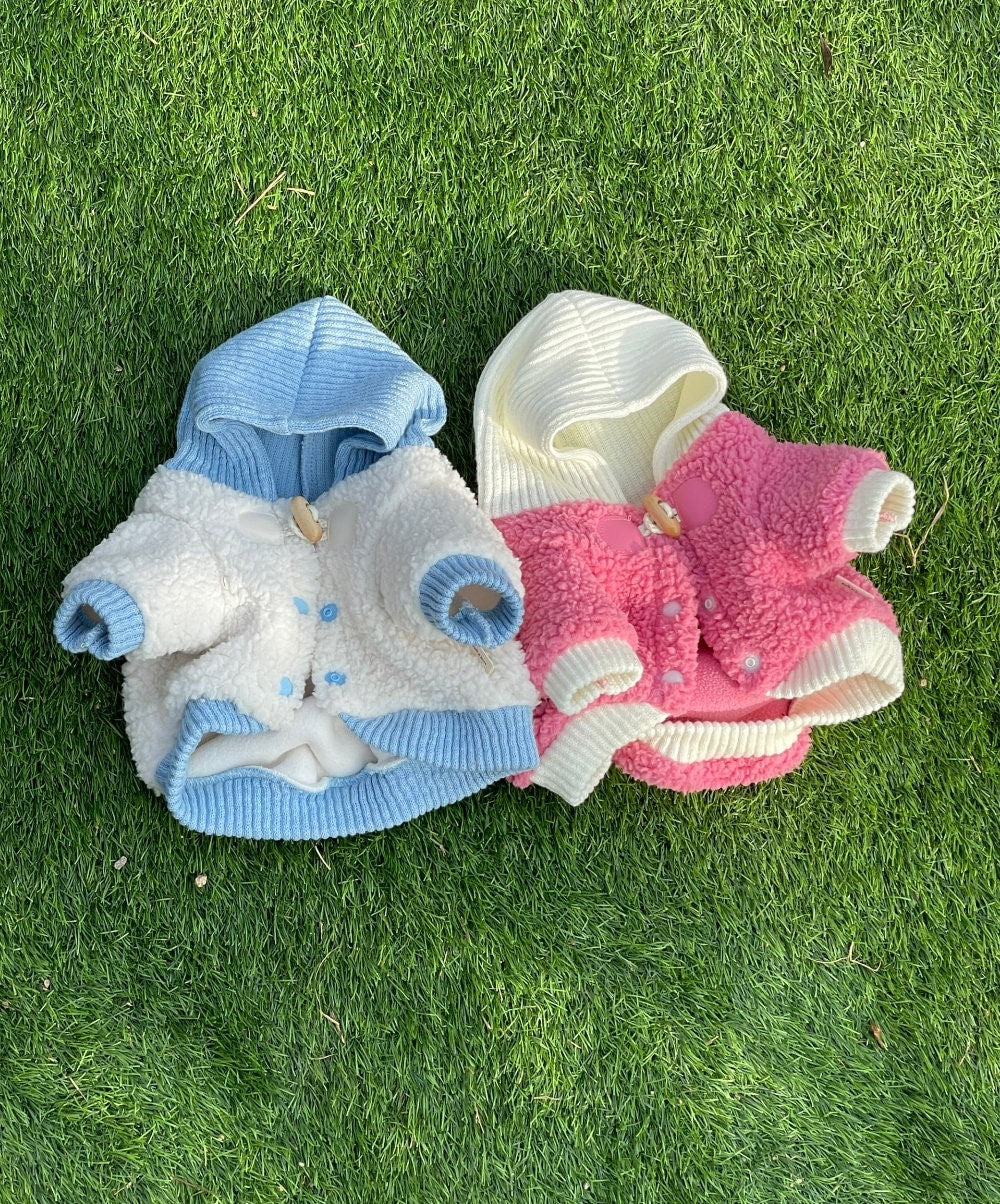 NKpup Duffle Fleece Dog Jackets in light blue and pink colorblock designs