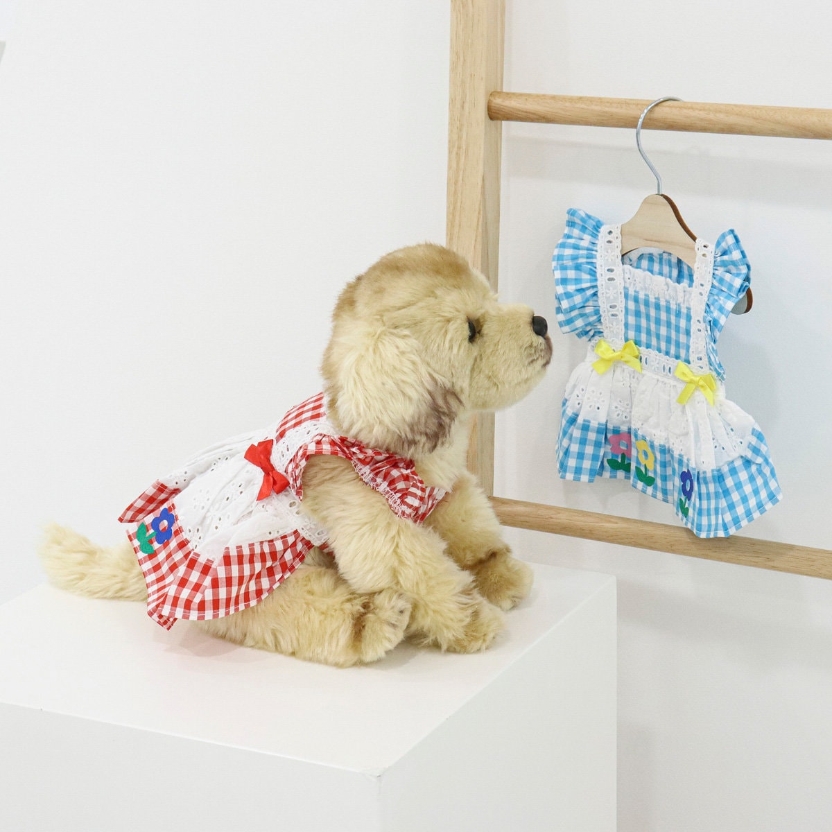NKpup Flower Pinafore Dog Dress in red and white gingham with white lace and bow details