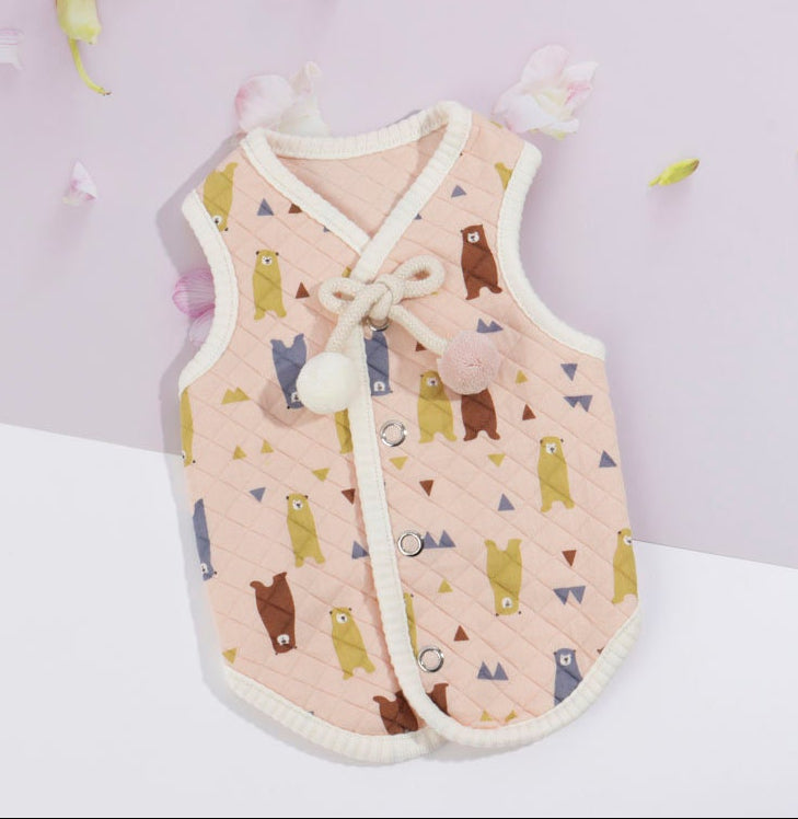 NKpup Bear Quilted Dog Vest in pink with bear pattern and decorative knot tie