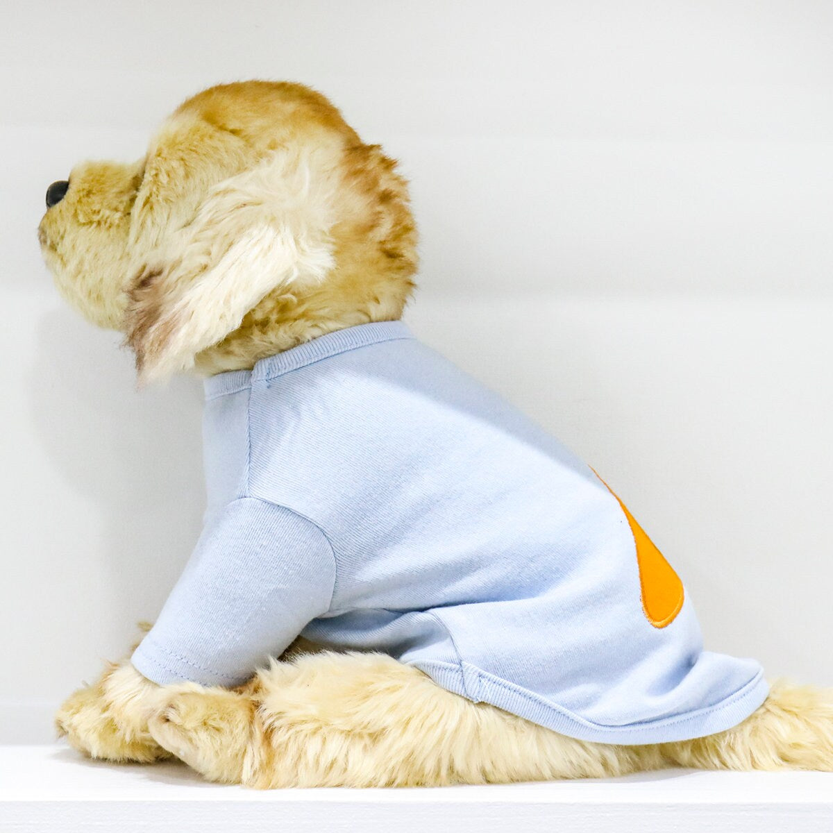 Light blue NKpup Heart Carrot dog shirt with an orange carrot detail on the back.