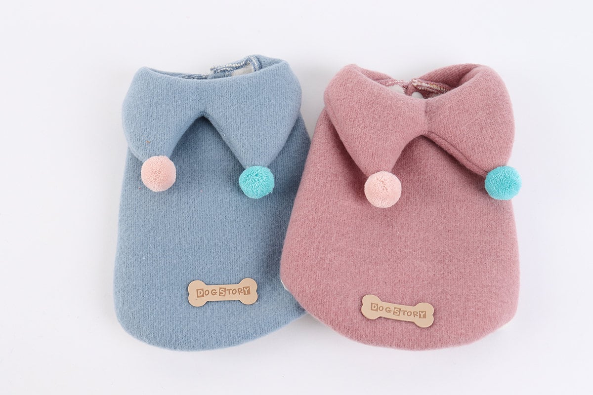 NKpup Pierrot Dog Hoodie Vests in light blue and dusty pink with decorative pom poms