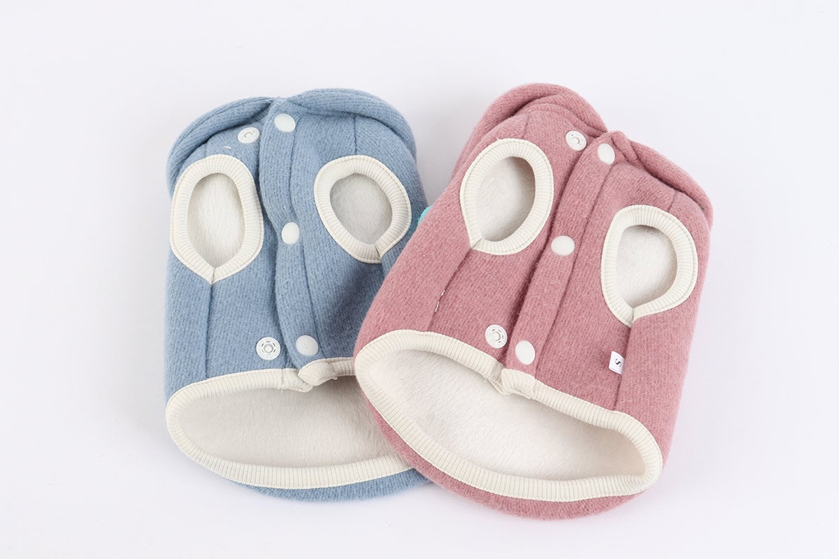 NKpup Pierrot Dog Hoodie Vests in light blue and dusty rose with white button details
